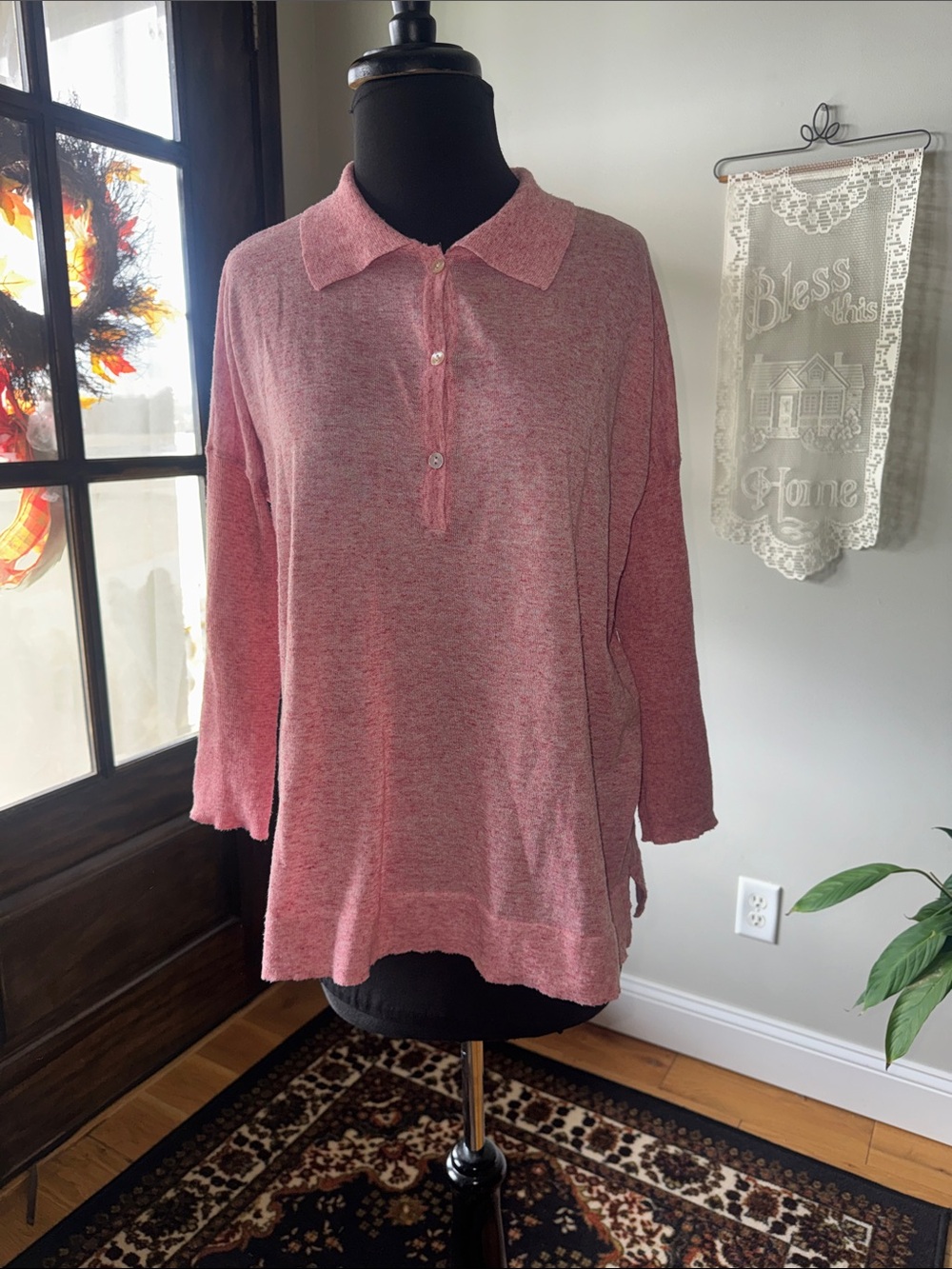 Tuckernuck Long Sleeve Heathered Pink Linen blend Polo-Size XS/S